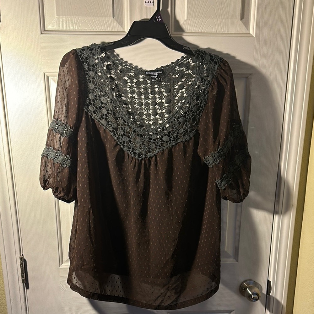 Sheer Brown Blouse with Lace Details
